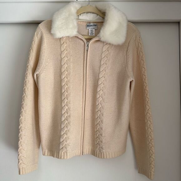 Vintage Pendleton Lambs Wool Fur Collar Ivory Cream Zip Up Knit Sweater Medium - Picture 1 of 4